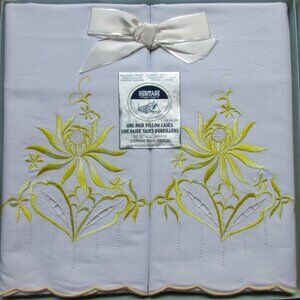 New-Vintage Heritage Embroidered Pillow Cases White/Yellow